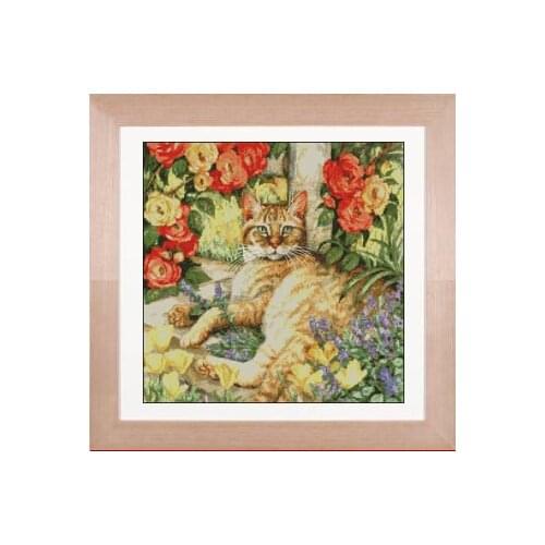 FREE Shipping Top Quality popular counted cross stitch kit Miss Tabby garden cat, flower cat kitten kitty