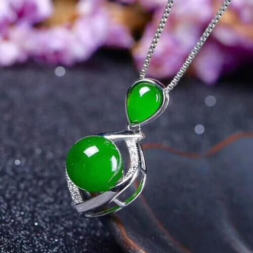 High grade 925 silver inlaid natural spinach green jasper set genuine genuine Hetian jade pendant