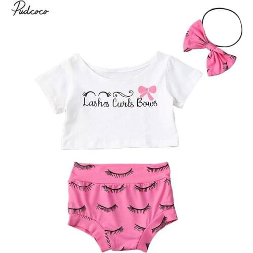 Newborn Baby Girls 3Pcs Clothes Short Sleeve Crop Top T-Shirt Eyelash Shorts Headband Summer Outfits 0-24M