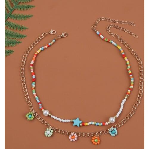 2 Pcs/Set Fashion Gold Metal Chain Flower Pendants Necklaces For Women Multicolor Glass Beads Pearl Handmade Beaded Necklace