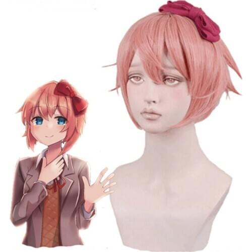 Game Doki Doki Literature Club Cosplay Wigs Sayori Cosplay Wig Heat Resistant Synthetic Wig Short Pink Straight Women hairpiece