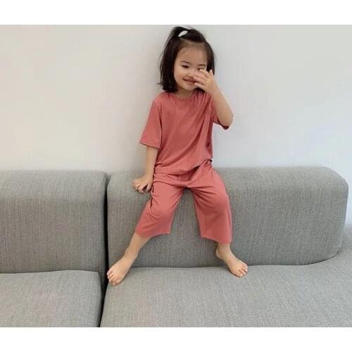 Childrens Kids Summer Pyjamas Solid Short Tops Shirt + Long Pants Cotton Sleepwear Nightwear Girl Boy Pajama Sets