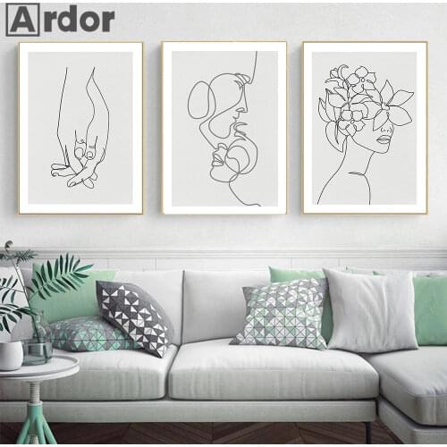 Abstract Women Head Flower Posters Hand In Hand Line Drawing Art Print Couple Kiss Wall Art Canvas Painting Nordic Home Decor