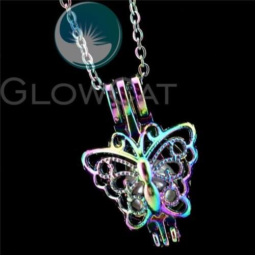 R-C681 Rainbow Colors 25mm Flying Butterfly Beads Cage Pendant Perfume Diffuser Oyster Pearl Cage Locket Necklace