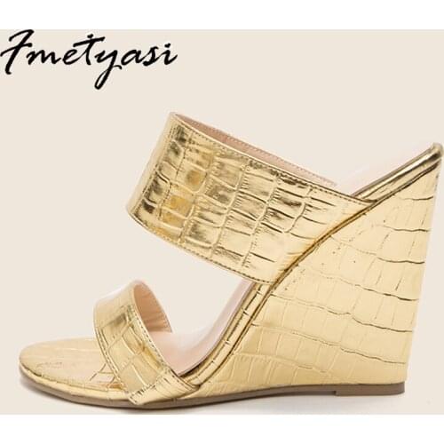 High-heeled Sandals Wedge heel for Woman Summer Sexy Golden Snake Print Pu Leather Women Pumps Rubber Platform Big Size