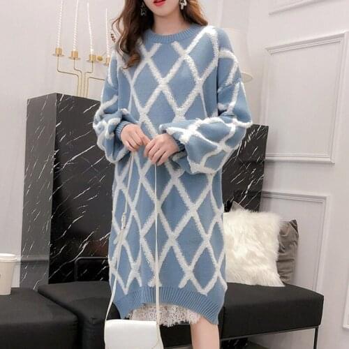 Autumn and Winter New Womens Thick Sweater Skirt Womens Mid-length Sweater Embroidered Rhombus Korean Loose Net Red Sweater