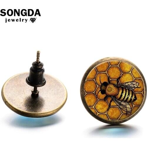 SONGDA Vintage Queen Bee Stud Earrings for Women Personality Geometric Hive Pattern Glass Cabochon Round Earrings Insect Jewelry