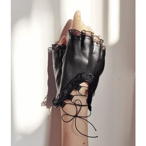 Punk Ladies Leather Soft Leather Gloves Lace Straps Personality Pu Leather Halloween Party Half-finger Gloves Cosplay