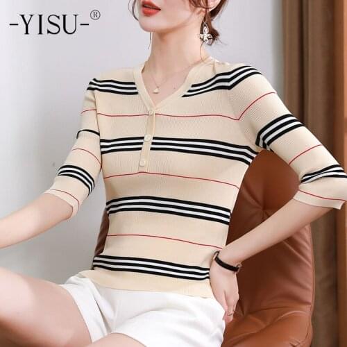 YISU Summer New Womens sweaters Summer tops V-Neck Buttons Short sleeve Jumper Sweater Thin Stripe Casual Slim Knitted Pullover