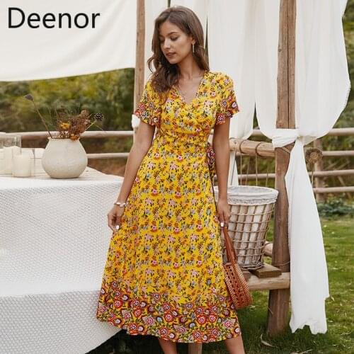 Deenor Women Floral V-Neck Ruffles Print Dress Fashion Yellow Elegant Summer Dress Beach Midi Dresses Boho Style Party Dresses