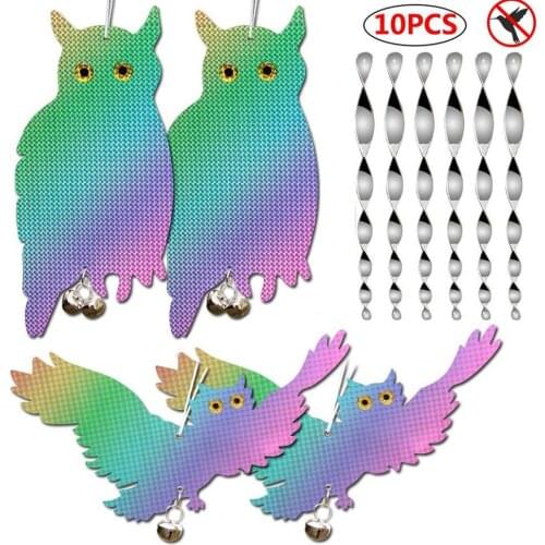 10 Pcs Bird Repellent Device Set Hanging Laser Owl Deterrent Reflective Spiral Scare Rods Garden Yard Plant Protect Orchard