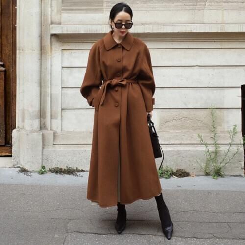 2020 Belt Brown Elegant Winter Wool Overcoat Long Bandage Woolen Coat Winter Coat Women Cardigan Loose Plus Size Outwear