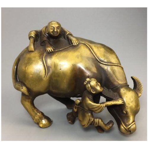 6“Tibet Tibetan Buddhism antique Qianlong brass Child cattle statue