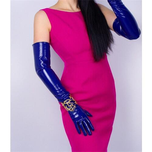 60cm Patent Leather Long Gloves PU Emulation Leather Bright Leather Sticker Mirror Sapphire Blue Dark blue Female WPU02-60