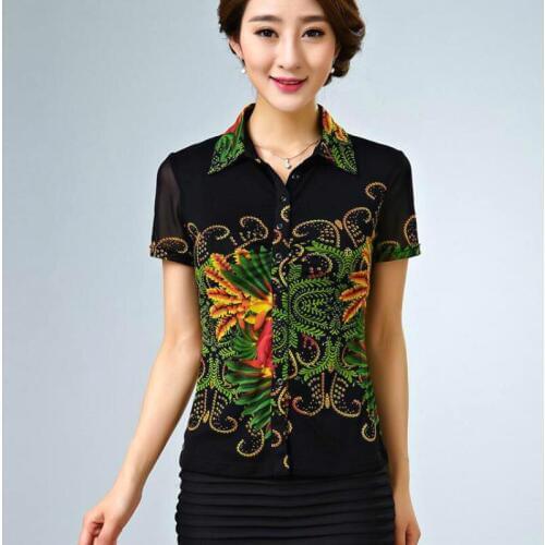 2018 Summer Casual Women Black Printed Floral Pattern Short Sleeve Stretch Mesh Blouse , Shirt For Woman , Female 4XL Blouses