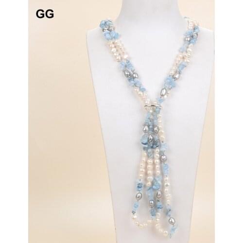 GuaiGuai Jewelry 93" Natural White Baroque Freshwater Pearl Genuine blue Aquamarine Chips Long Necklace Handmade Jewelry Gift