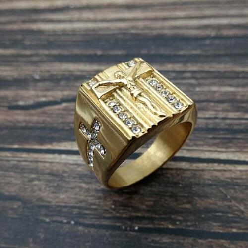 Hip Hop Iced Out Religious Jesus Cross Ring Gold Color Stainless Steel Christian Rings For Women & Men Wholesale Anel Masculino