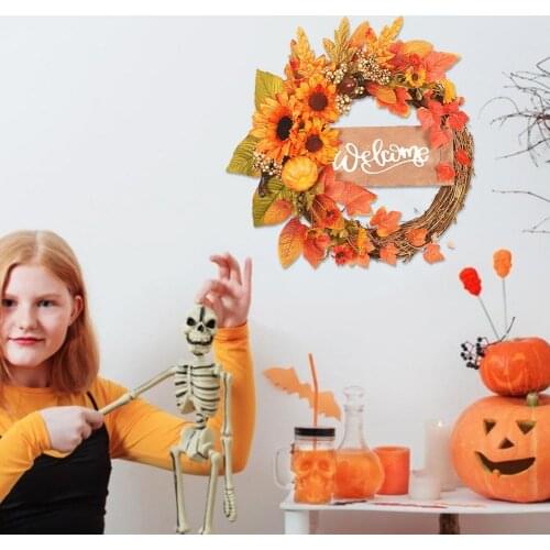 Artificial Sunflower Summer Wreath-20 Inch Decorative Fake Flower Wreath With Yellow Sunflower And Green Leaves For Front Door