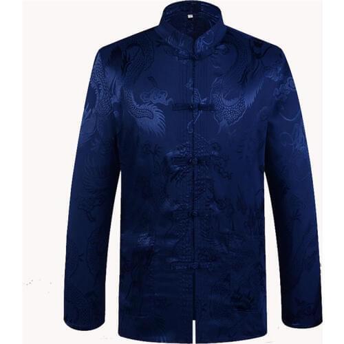 Coat navy blue Brand New Arrival Chinese Traditional Mens Satin Mandarin Collar Dragon Tang Suit Clothing Kung Fu Jacket