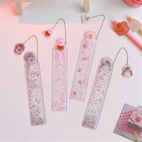 Ins Cute Girls Rabbit Quicksand Straight Rulers Kawaii Pendant Measuring Ruler Stationery Bookmarks School Office Supplies
