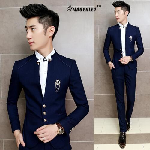 MAUCHLEY 2PCS/Set Slim Fit Prom Homme Men Costume Wedding Suits Classic Chinese Collar Party Dress Suits Boys Jacket with Pants