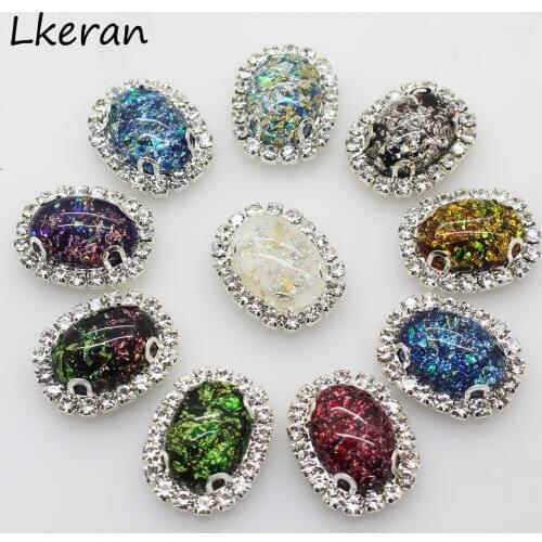 Fashion 10Pcs 20x24mm Oval Silver 4-Hole Base Resin Rhinestone Button DIY Sewing Crafts Wedding Clothing Decorate Brooch