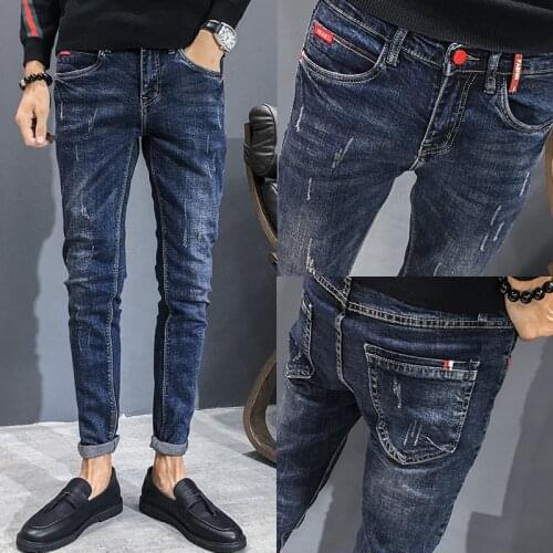 Hot 2021 Autumn winter thermal mens jeans trendy Korean plus velvet youth Slim pencil feet casual skinny jeans men long pants