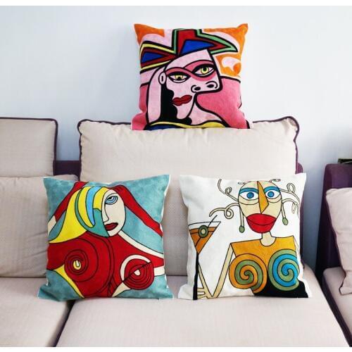 100% Cotton Abstract Painting Embroidered Pillow Case Sofa Cushion Cover For Car Chair Cushion Case 45x45cm Without Stuffing