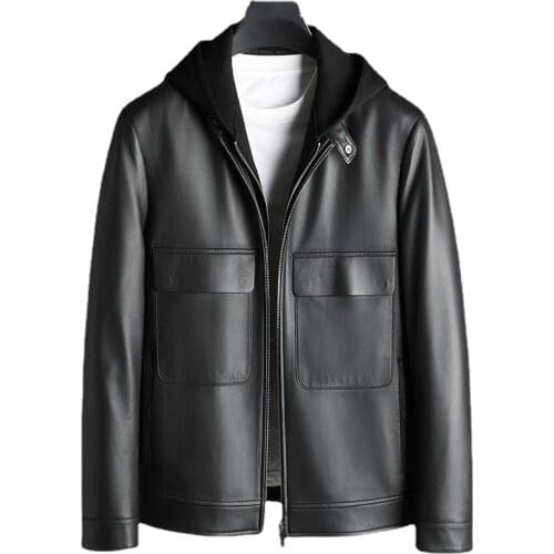 Genuine Leather Clothes Mens Hooded Slim Fit Sheepskin Jacket Men Casual Coat