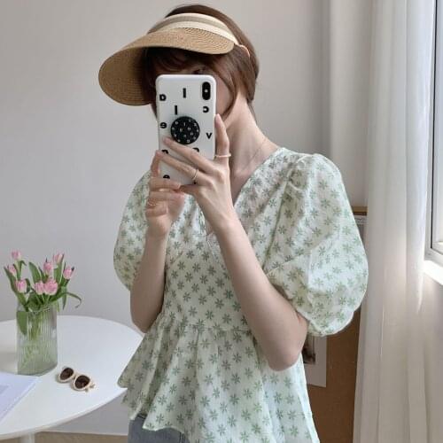Open Care machine back design bubble sleeve blouse womens 2021 summer new print lace up baby shirt