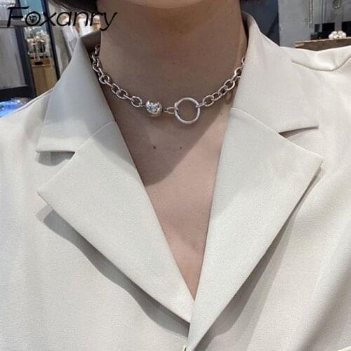 FOXANRY 925 Sterling Silver Necklace INS Fashion Punk Rock Vintage Simple Thick Chain Solid Ball Geometric Party Jewelry Choker