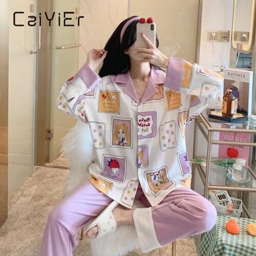 CAIYIER Cotton Pajamas Set Autumn Winter Long Sleeve Sleepwear Girls Casaul Nightwear Suit Women Leisure Cartoon Homewear M-2XL