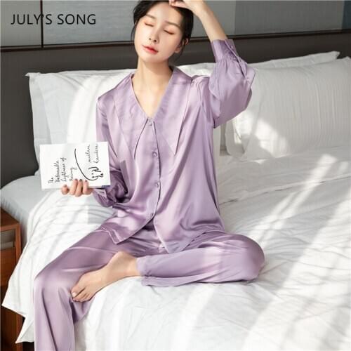 JULYS SONG Faux Silk Pajamas Set 2 Pieces Solid Color Personality Lapel Women Simple V-neck Spring Autumn Female Sleepwear