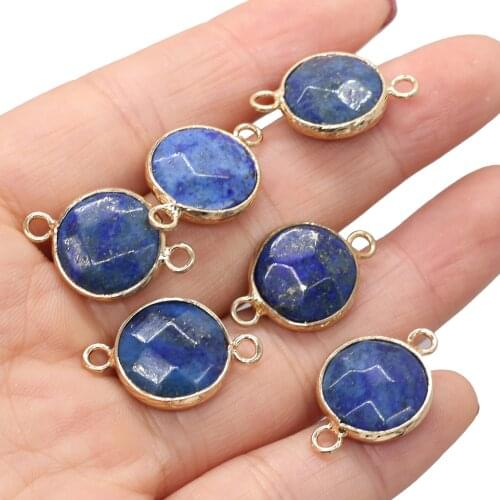 Natural Stone Pendants Round Faceted Lapis lazuli Double hole Connectors for Jewelry Making Necklace Bracelet Accessories