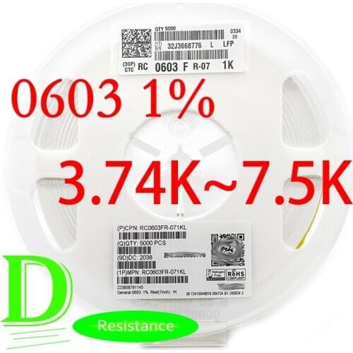 Resistor RC Series 0603 1% RC0603FR-07 Series 3.74K-7.5K All resistors 3.3K 3.6K 3.9K 4.3K 4.7K 5.1K 5.6K 6.2K 6.8K 7.5K