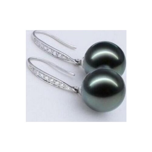 Luxury Noble jewelry Details about AAA+ Pair of 12-13mm Tahitian genuine black perfect round pearl earring huge silver