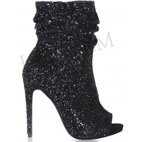 SEIIHEM Women Ankle Boots Peep Toe Side Zip Glitter Spring Summer Boots Wedding Sequined Booties Shoes Woman Botas Size 43 44 47