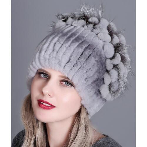 Womens Winter New Beanies Hat Female Europe American Warm Fashion Soft Thickened Cap Rex Rabbit Fur Knitted Lady Hats H7021