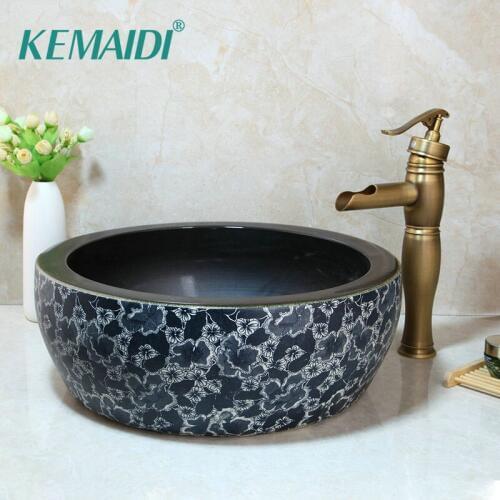 KEMAIDI Wash Basin Faucet Set Tranditional Design Bathroom Ceramic Round Sink Antique Brass Deck Mounted Tap Mixer Faucet