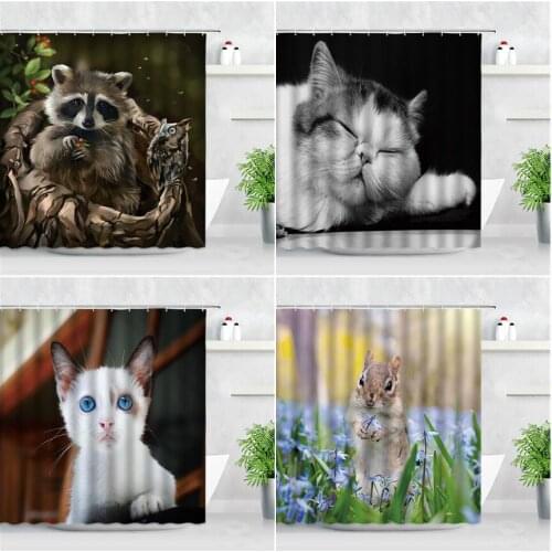 Modern Home Decor Waterproof Bathroom Curtain Set Cute Cat Raccoon Rabbit Pattern 3D Printing Fabric Bath Screen Shower Curtains