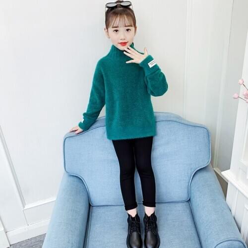 Girls' Round Neck Sweater 2020 Autumn and Winter New Fashion Big Childrens Solid Color Plus Velvet Thick All-match Sweater