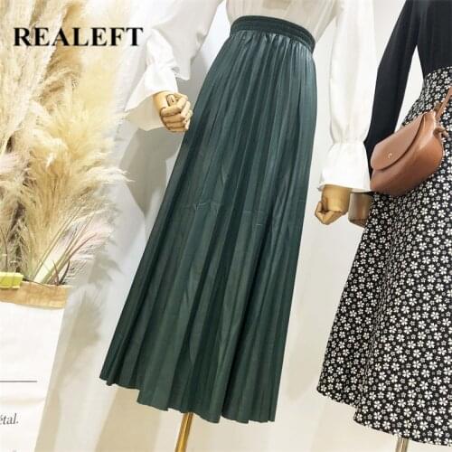 REALEFT New PU Leather Pleated Skirt Female Autumn Winter Fashion Mid-length High Waist Retro A-line Umbrella Womens Skirts