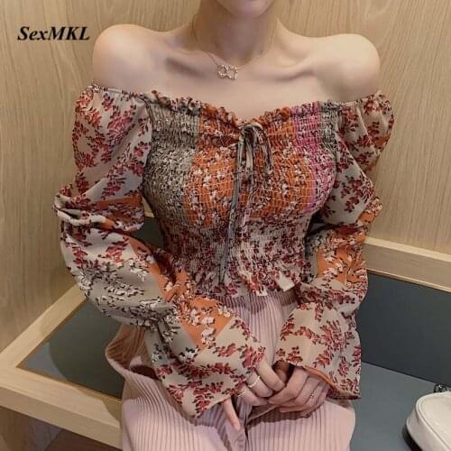 Sexy Off Shoulder Vintage Blouses Women 2021 Fashion Casual Printed Summer Blouse Korean Clothes Flare Sleeve Ladies Corset Tops