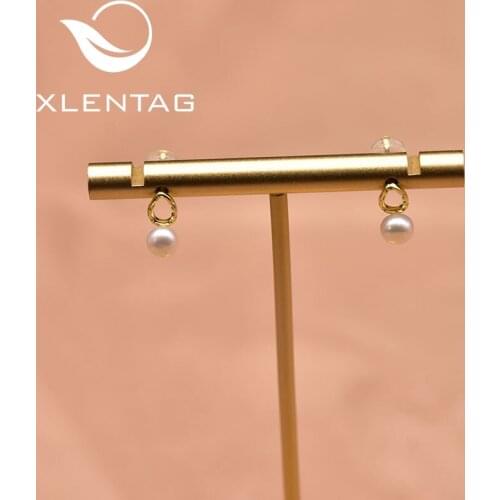 Xlentag 925 Sterling Silver Natural White Fresh Water Pearl Geometric Small Earrigs Women Wedding Banquet Gift Jewelry GE1035