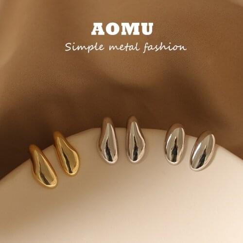 AOMU 2020 New S925 Geometry Irregular Distortion Oval Teardrop-shaped Minimalism High Quality Small Metal Stud Earring for Women