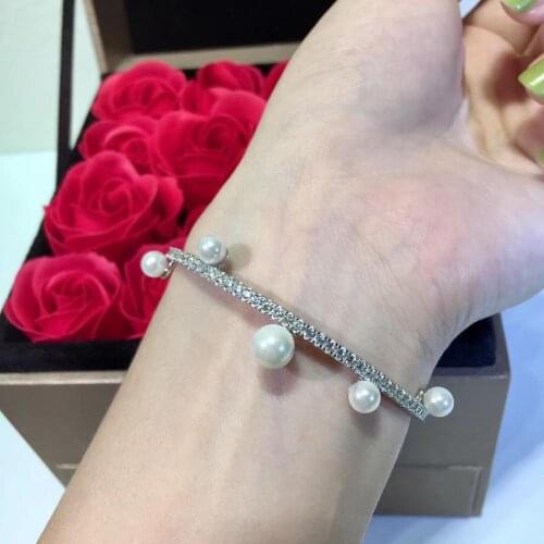 Luxurious AAA cz zircon drill bracelet Romantic freshwater pearl bangle for women senior wedding party bracelet argent 925
