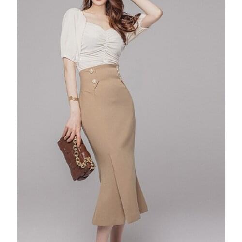 New arrival fashion set women spring OL temperament professional square neck top and high waist midi mermaid skirt two piece set
