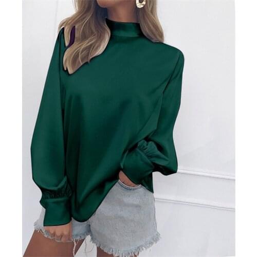 New Spring Autumn Hot Europe Pullovers Women Long Lantern Sleeve Turtleneck Female Silk Blouse and Shirt Casual Tops