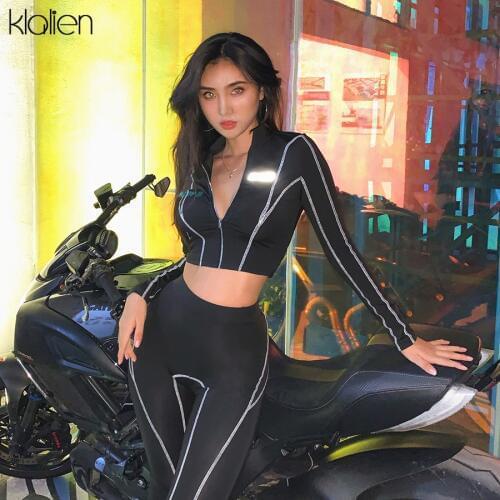 KLALIEN long sleeve zipper fashion reflective letters sportswear + leggings 2020 outfits women 2 pieces set fitness tracksuit