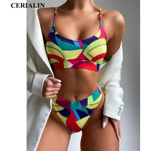 Women Fashion Multi Color Print Split Sexy Bikini Push Up Swimwear Two Piece Swimsuit Bathing Suits Female High Waist Bikini Set